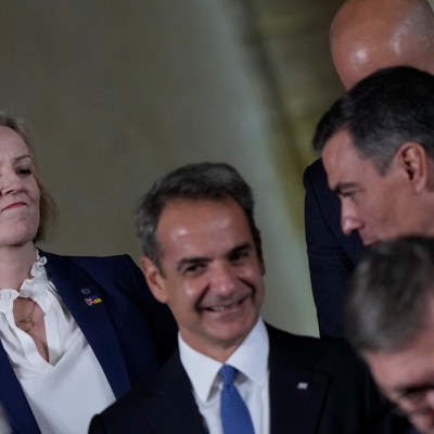 Liz Truss, with Greek Prime Minister Kyriakos Mitsotakis (second from left). Photo: Alastair Grant/Pool/Getty Image