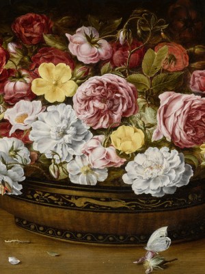 Still life of roses in an oriental lacquer and canework bowl, on a ledge with a butterfly and dragonfly (17th century), Osias Beert the Elder. Courtesy Sotheby's