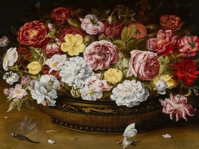 Still life of roses in an oriental lacquer and canework bowl, on a ledge with a butterfly and dragonfly (17th century), Osias Beert the Elder. Courtesy Sotheby's