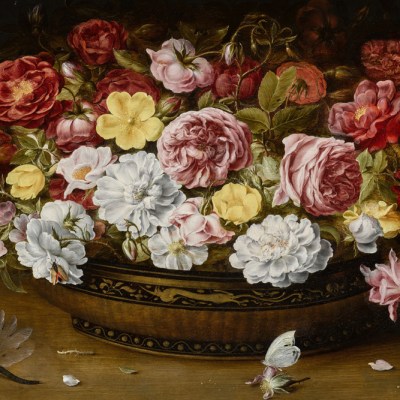 Still life of roses in an oriental lacquer and canework bowl, on a ledge with a butterfly and dragonfly (17th century), Osias Beert the Elder. Courtesy Sotheby's