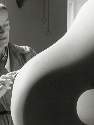 Barbara Hepworth carving in her studio