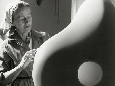 Barbara Hepworth carving in her studio