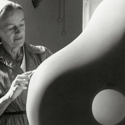 Barbara Hepworth carving in her studio