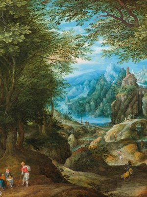 Wooded Landscape Opening on to a Mountain Range (detail; c. 1600–10), Denijs van Alsloot (1570–1628) and workshop of Jan Brueghel the Elder (1568–1625). De Jonckheere at Art en Vieille-Ville
