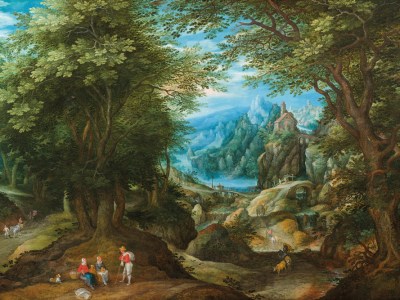 Wooded Landscape Opening on to a Mountain Range (detail; c. 1600–10), Denijs van Alsloot (1570–1628) and workshop of Jan Brueghel the Elder (1568–1625). De Jonckheere at Art en Vieille-Ville