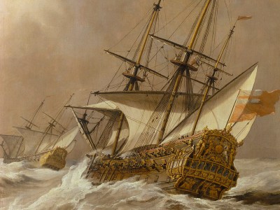 The ‘Resolution’ in a Gale (detail; c. 1678), Willem van de Velde the Younger. National Maritime Museum, London