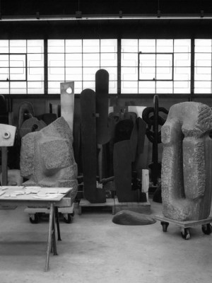 black and white photograph of an artist's studio
