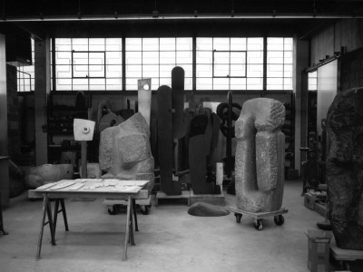 black and white photograph of an artist's studio