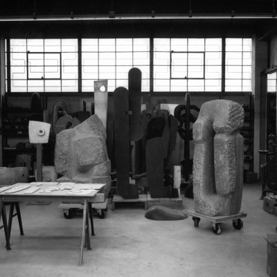 black and white photograph of an artist's studio