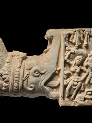 Gateway architrave with a lion, a makara and a scene of the birth of the Buddha (3rd–4th century CE), Department of Heritage, Telangana