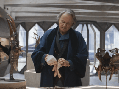 Stellan Skarsgård as antiquities dealer and spymaster in Andor. Standing in his showroom with pieces of ancient armour and jewellery
