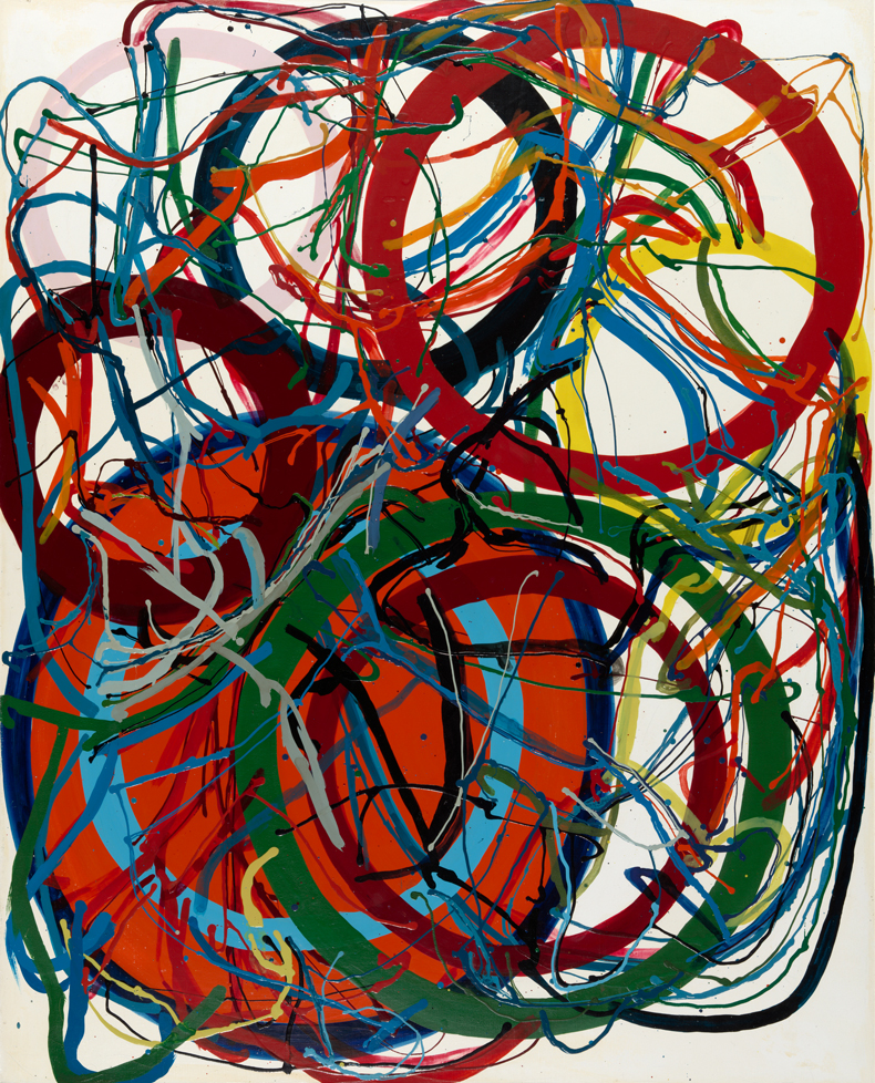 Abstract painting of several various-colored and overlapping rings and circles, looser brushstrokes drake across the circles like winding thread. This description was taken from the website of the Art Institute of Chicago.