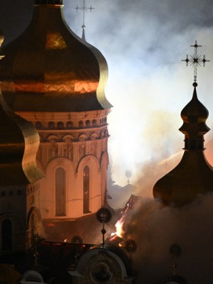 Russian air-strikes set historic Kyiv monastery on fire