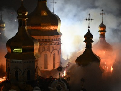 Russian air-strikes set historic Kyiv monastery on fire