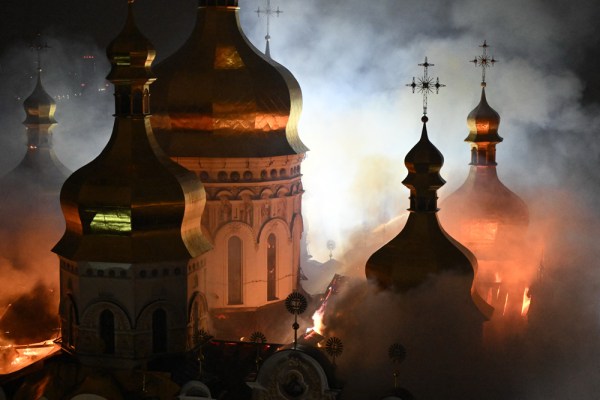 Russian air-strikes set historic Kyiv monastery on fire